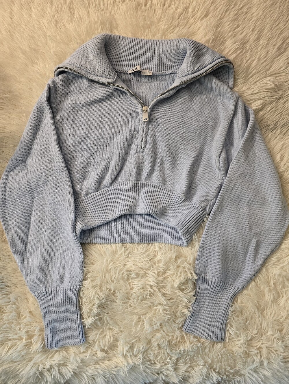Zara Pale Blue Cropped Half-Zip Sweater Size Small